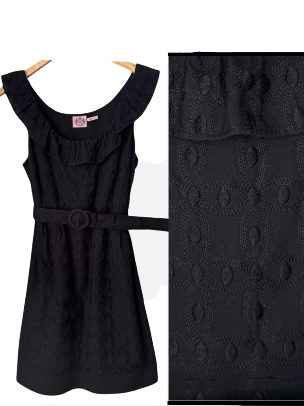 JUICY COUTURE Embroidered Swiss Dot Cotton Belted Ruffled Dress Black Sleeveless